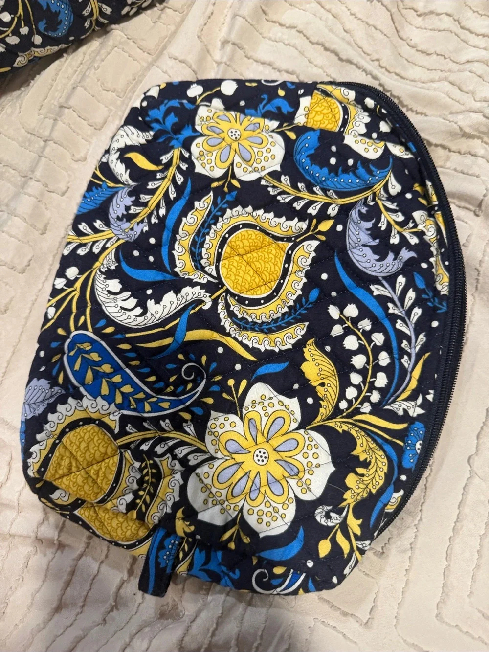Quilted Floral Zip Pouch in Navy, Yellow & White